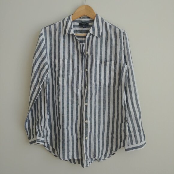 Lord + Taylor 100% linen striped button down shirt white blue grey Small - Picture 3 of 16
